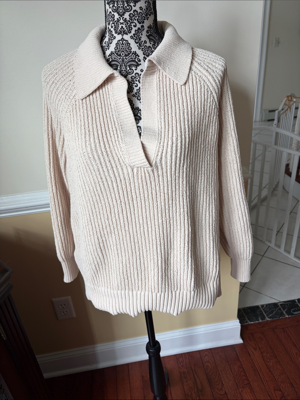 aerie Ivory Ribbed V-Neck Polo Sweater